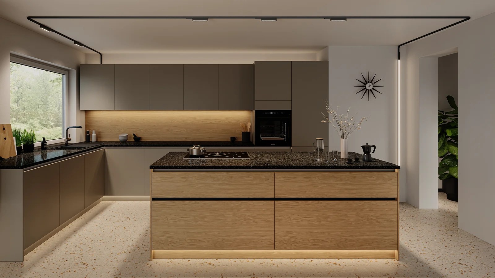 Häfele Lighting OneCable Система освещения Häfele Lighting OneCable 24 В: чёрный профиль со спотами на потолке кухни