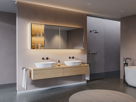 Варіант застосування системи Slido F-Flush57 у ванній кімнаті шафа дзеркальна над умивальником