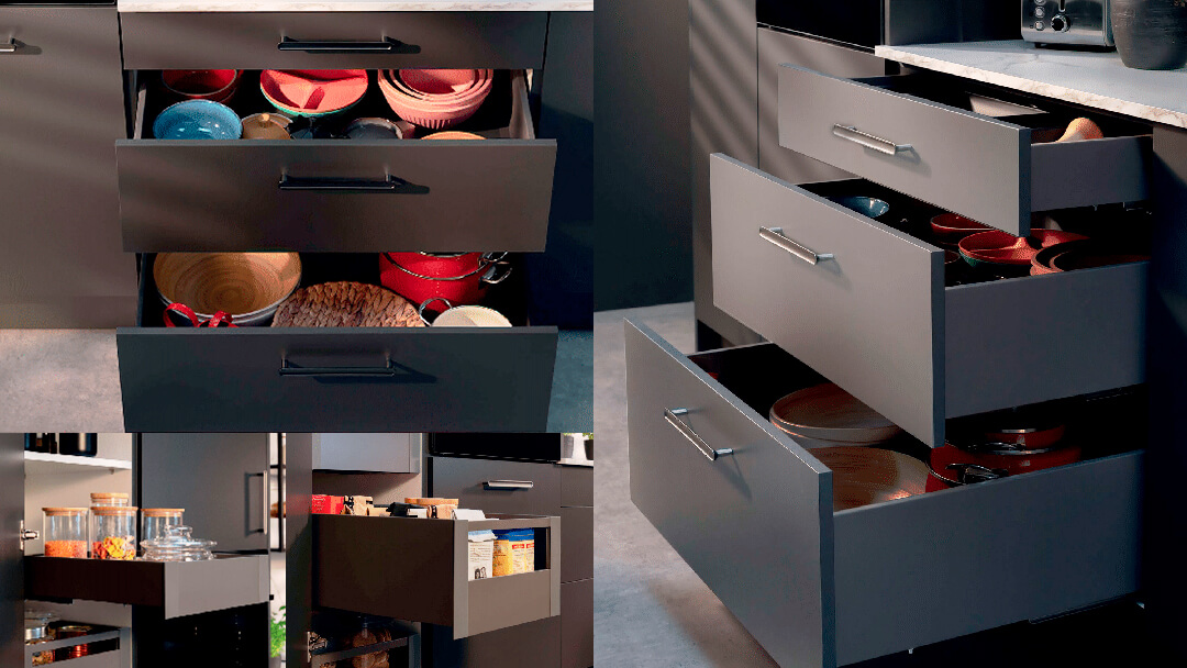 Шухляди Matrix S Slim у сірому та графітовому кольорах, встановлені у кухонну шафу